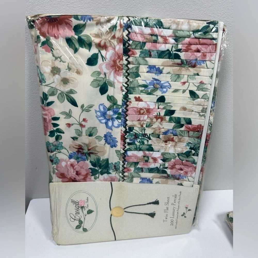 Vintage CROSCILL Floral Twin Flat & Fitted Sheet Ruffle Set 200 Luxury Percale